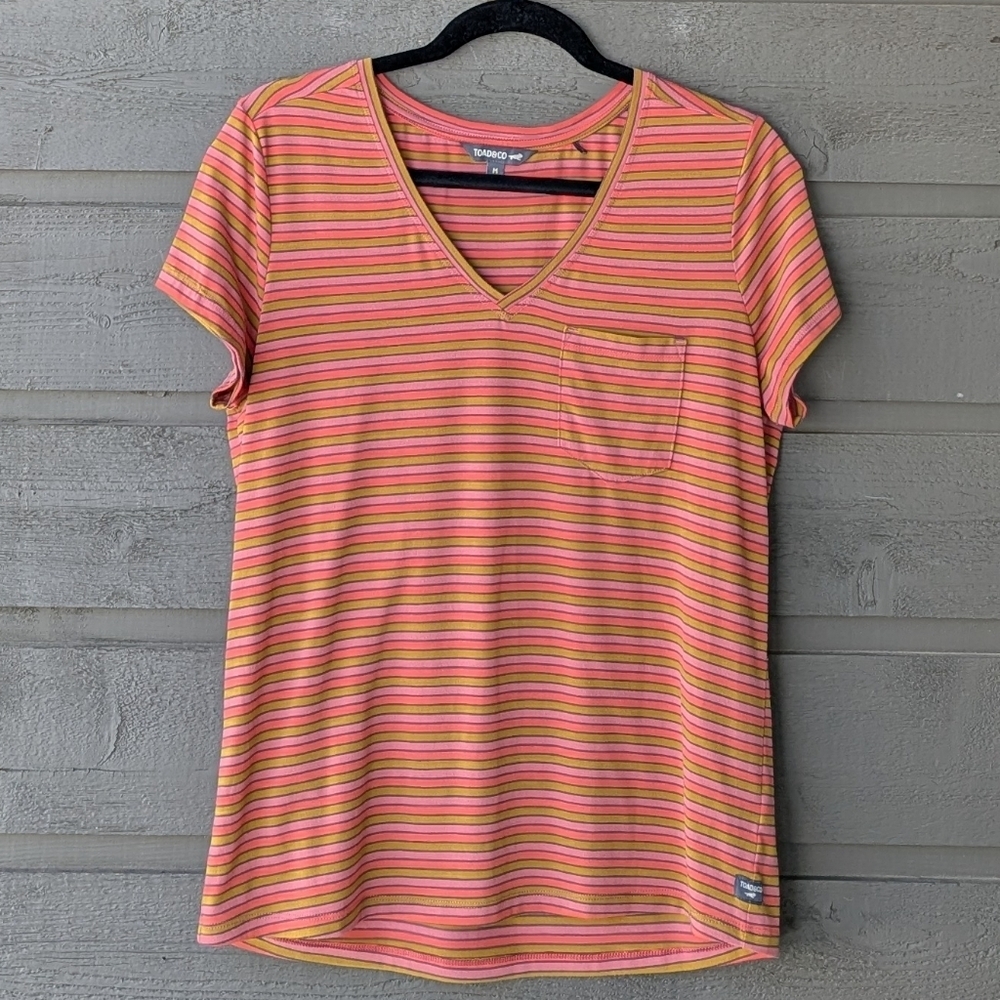 Toad&Co Orange Pink Swift Pocket Tee Striped Size Medium - Picture 8 of 8